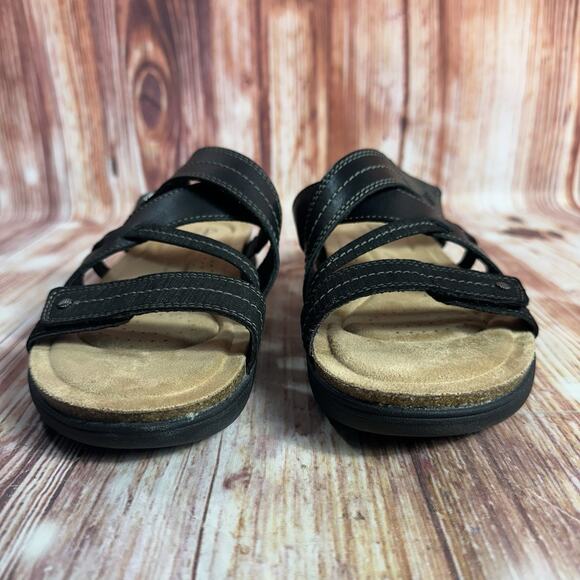Clarks APRIL WILLOW Size 9 Black Leather Sandals Slides Comfort Open Toe Shoes - Picture 2 of 10